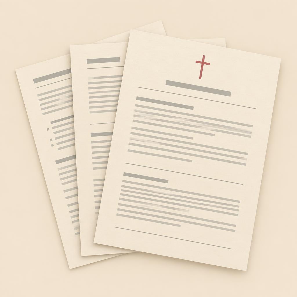 Illustration: ausgedruckte Handout-Seiten mit einem kleinen Kreuz